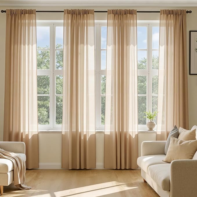 MIULEE Brown Sheer Curtains 102 Inches Long, 4 Panels Set, Light Filtering Rod by MIULEE