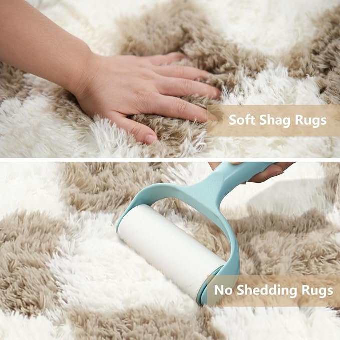 Checkered Area Rugs for Bedroom 5x8, Fluffy Beige and White Checkered Rug Fuzzy - Image 4
