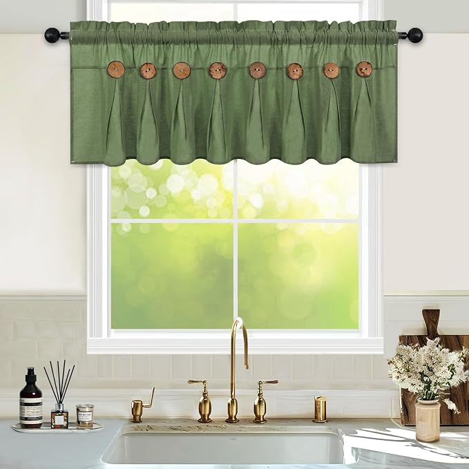 FRAMICS Farmhouse Valance Curtains, Boho Cotton Linen Kitchen Valance, Olive - Image 3