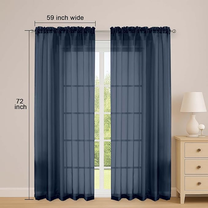 OWENIE Navy Blue Sheer Curtains 72 Inches Long 2 Panels Set, Transparent Voile - Image 2