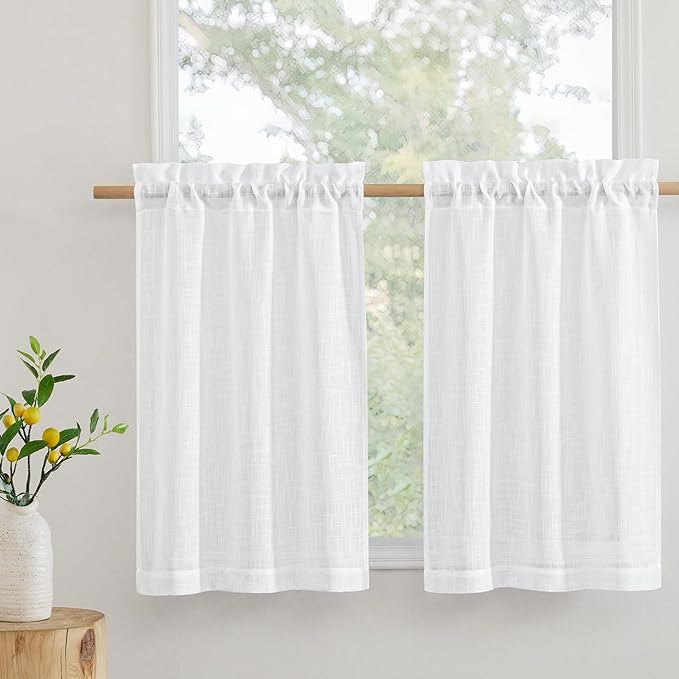 RYB HOME Cafe Curtains 24 inches Length, Linen Sheer Short Curtains by RYBHOME