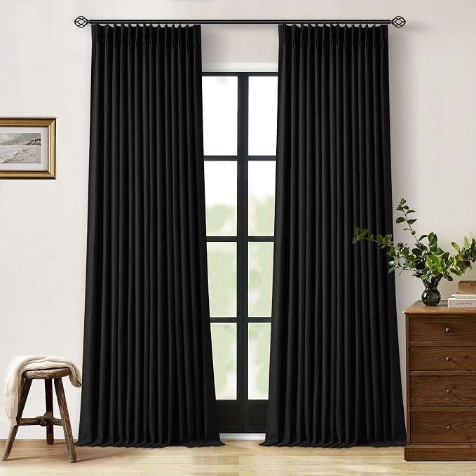 Black Pleat Linen Blackout 102 Inch Curtains by Twodrapes