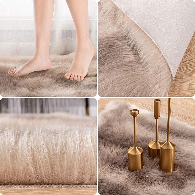 Carvapet 3x3ft Brown Faux Fur Area Rug Irregular Shaped Rug Soft Fluffy - Image 3