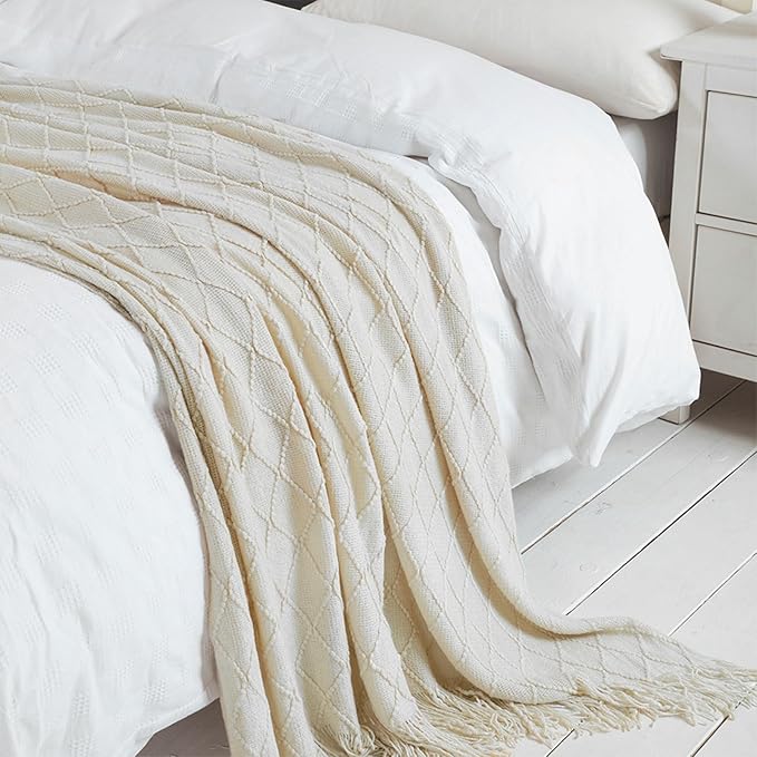 BOURINA Beige Throw Blanket 50 x90 Inches Throw Textured Solid Soft Sofa Throw - Image 3