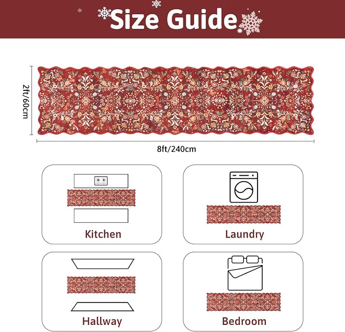 Yamaziot Christmas Runner Rug 2x8 – Red Floral Washable Non-Slip Carpet Runner - Image 2