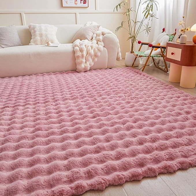 Pink Rabbit Plush Rug 8'x10', Fluffy Faux Fur Shaggy Area Rug - Image 5