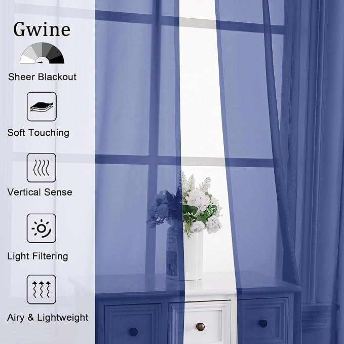 Gwine Royal Blue Sheer Kitchen Curtains 36 Inch Length, Light Filtering Voile - Image 2