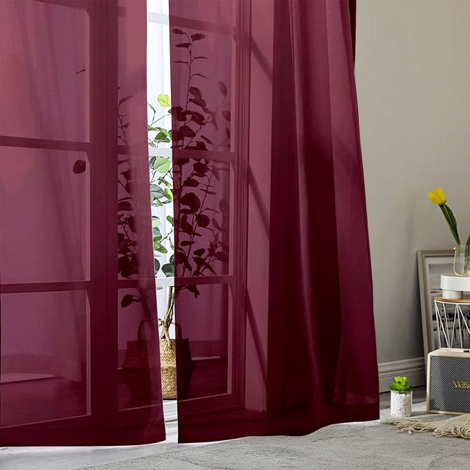 Burgundy Sheer Curtain for Bedroom Living Room 72 Inches Long 2 Panels Set - Image 8