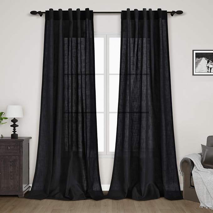 Black Linen Textured 96 Inch Curtains 2 Panel Set Back Tab Rod Pocket Sheer by Nanspring
