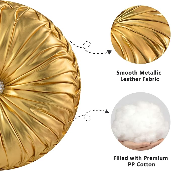 HIG Set of 2 Handcrafted Gold Ruched Round Throw Pillows – 14.5’’ Metallic - Image 3