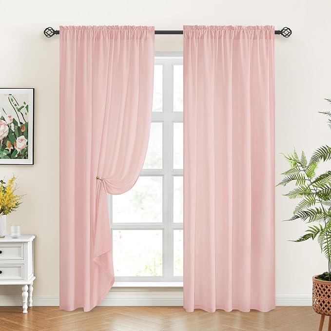 HOMEIDEAS Non-See-Through Blush Pink Privacy Sheer Curtains 52 X 84 Inches Long - Image 3