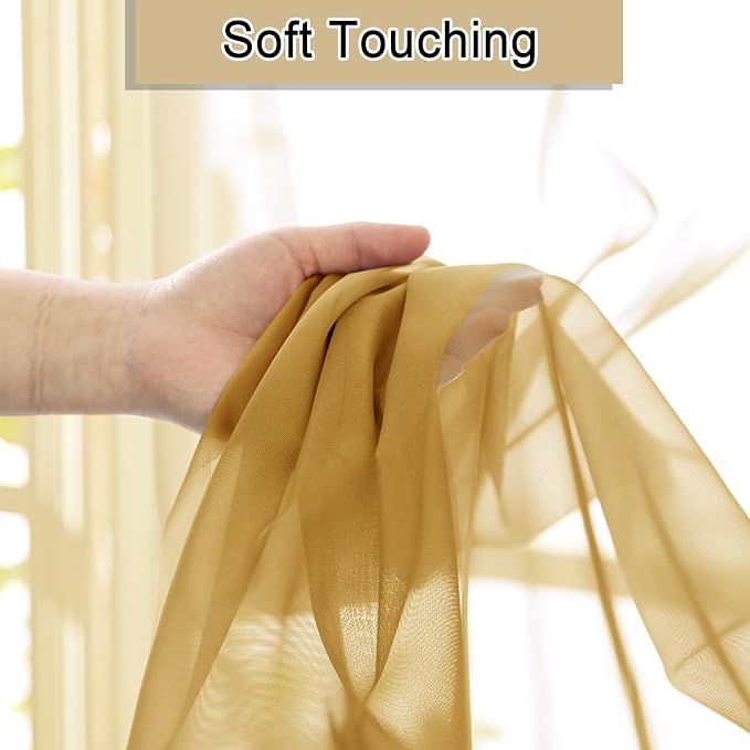 Lecloud Gold Sheer Curtains 54 Inch Length 2 Panels, Light Filtering Voile - Image 7