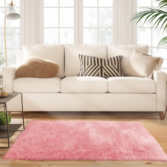 Ciicool Pink Fur Fluffy Rug, 2x4 ft Small Faux Fur Rugs - Image 2