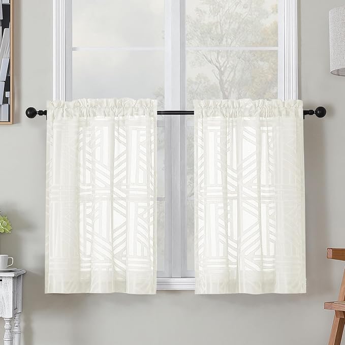 Simplebrand Semi Sheer Ivory Curtains 30 Inch Length 2 Panels, Geometric by Simplebrand