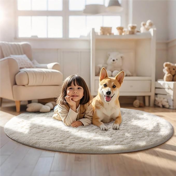 Ophanie Round Rugs 5Ft Ivory Circle Area Rug, Nursery Room Decor, Christmas - Image 3