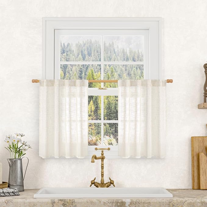 LAMIT Cream Linen Curtains 24 Inch Length, Semi Sheer Light Filtering Window by LAMIT