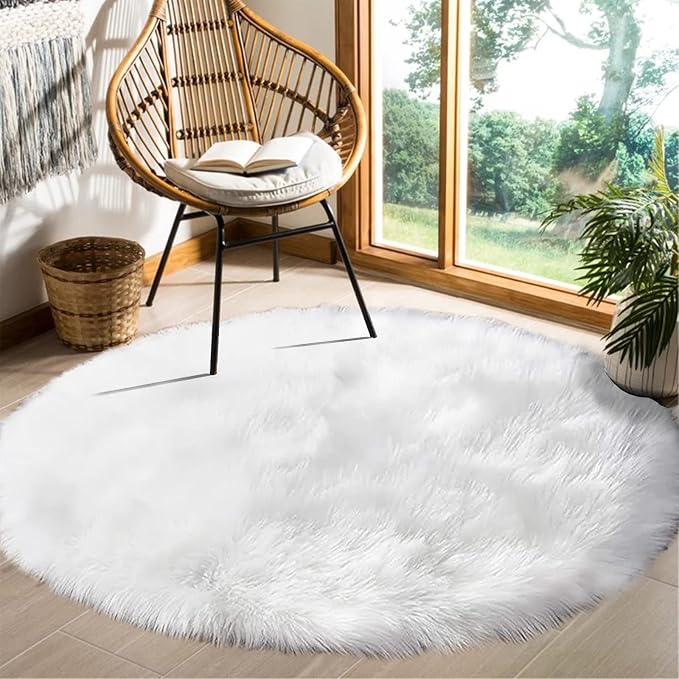 Goolela White Round Area Rug 6ft Fluffy Fuzzy Circle Sheepskin Rug - Image 2