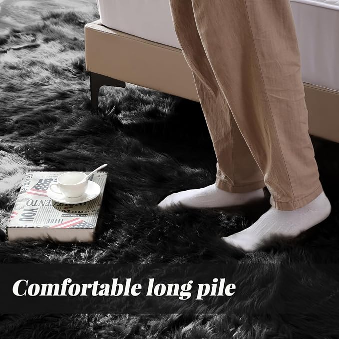 ORINOVA Washable 6x9 Area Rugs for Living Room Black Fuzzy Faux Sheepskin Shag - Image 2