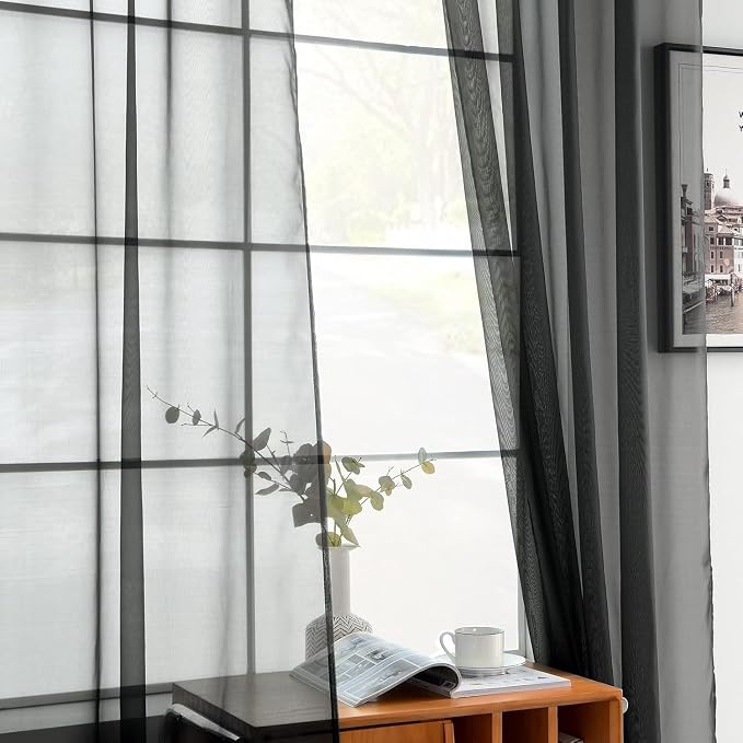 youleyar Solid Sheer Rod Pocket Curtain Voile Draperies 2 Panels White Beige - Image 4