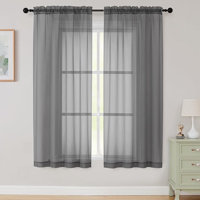 Sheer Grey Curtains for Bedroom Living Room 63 Inch Length 2 Panels, Airy Soft by WelvetBLK