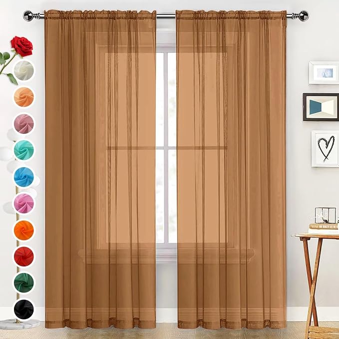 SpaceDresser Basic Rod Pocket Sheer Voile Window Curtain Panels Light Brown 1 by SpaceDresser