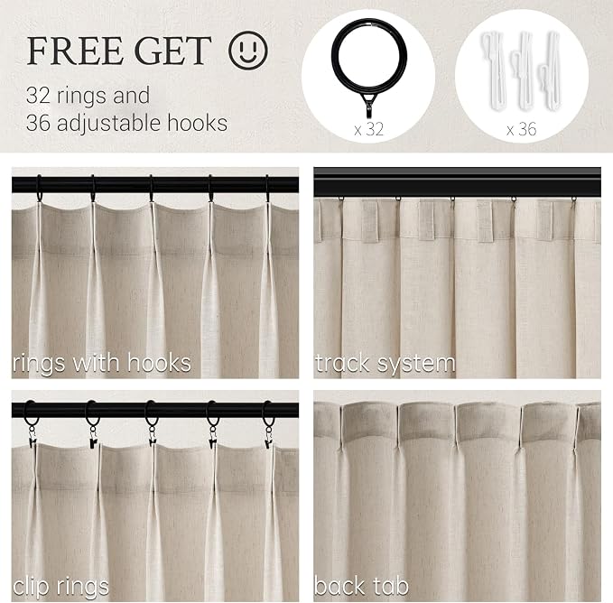 Topfinel 105 Inch Pinch Pleated Linen Curtains 2 Panels, Oatmeal Semi Sheer - Image 2