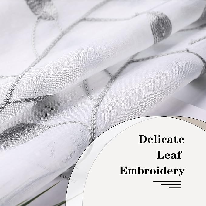 MRTREES Sheer Voile Curtain Valances, Leaves Embroidered Valance Curtains Rod - Image 3