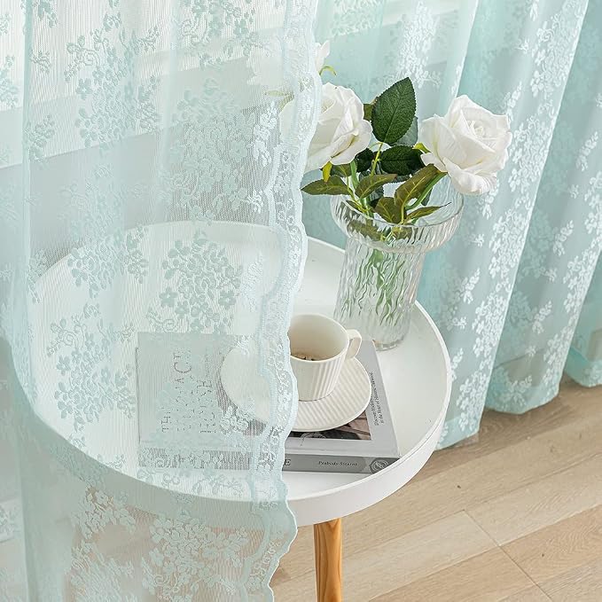 YJ YANJUN Vintage Lace Curtains 96 Inches Long-Victorian Floral Pattern Aqua - Image 6