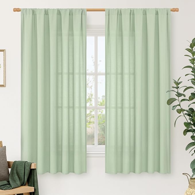 LAMIT Light Green Linen Window Curtains 63 Inch Length, Light Filtering Neutral by LAMIT