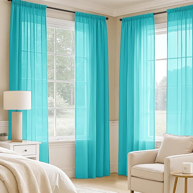 MIULEE Turquoise Sheer Curtains 90 Inches Long, 4 Panels Set, Light Filtering - Image 2