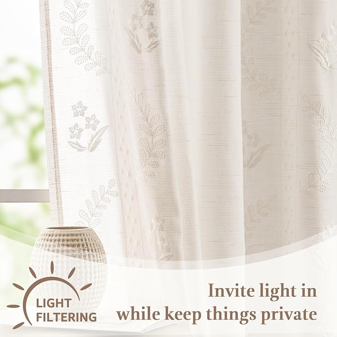 jinchan Belrose Linen Floral Kitchen Curtains 24 inch Length Embroidered - Image 7