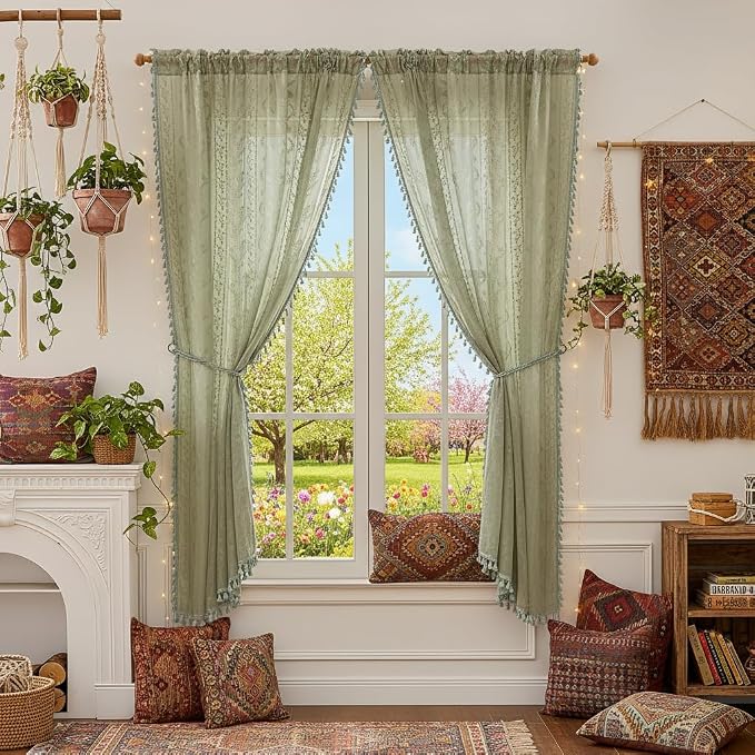 WAZZIO Boho Lace Curtains 2 Panels 63 Inch -Vintage Victorian Sheer Panel Drape - Image 2
