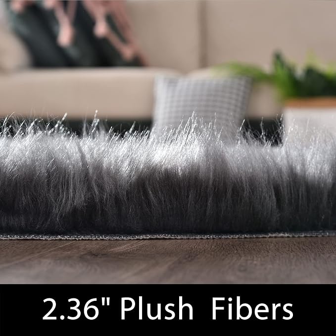 Latepis 4x6 Shag Dark Grey Faux Fur Sheepskin Rug Bedside Plush Rugs Washable - Image 2