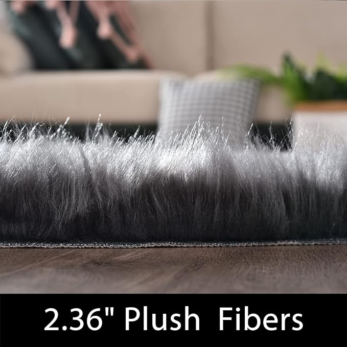 Latepis Dark Grey Rugs 6x8 Area Living Room Faux Sheepskin Fur Rug - Image 2