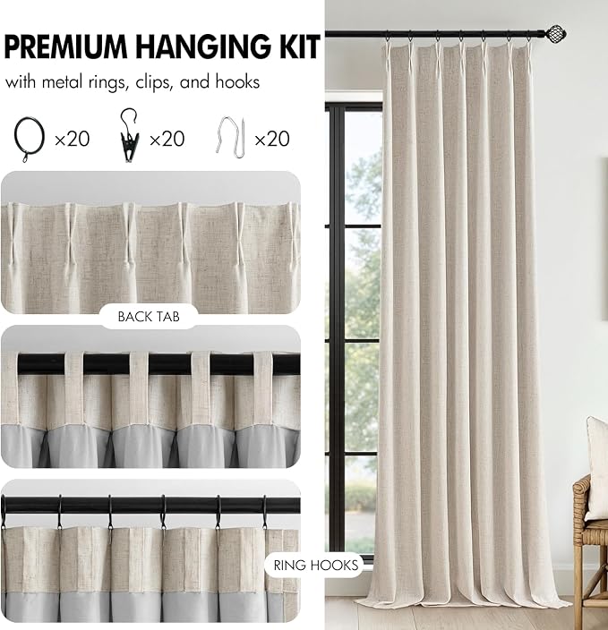 MIULEE Beige Pinch Pleated 100% Blackout Linen Curtains 40x96 Inches | Room - Image 8