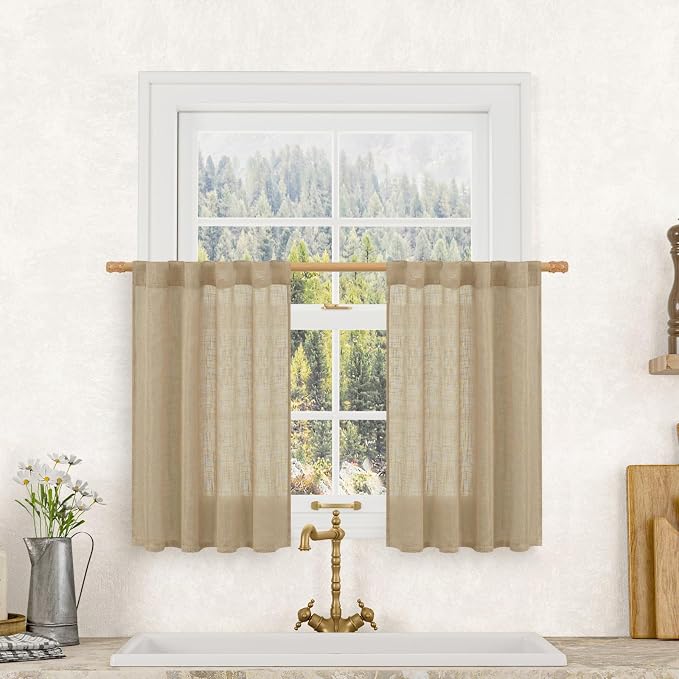 LAMIT Brown Linen Cafe Curtains 30 Inch Length, Semi Sheer Light Filtering by LAMIT