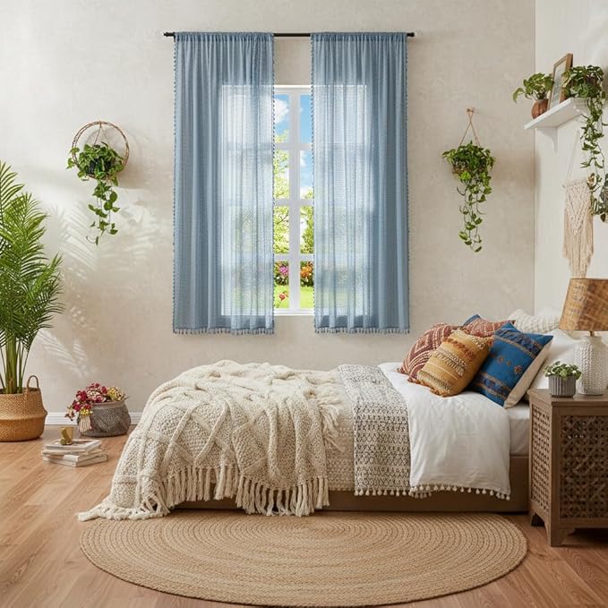 WAZZIO Boho Lace Curtains 63 Inches 2 Panel, Light Filtering Privacy Tassel & - Image 2