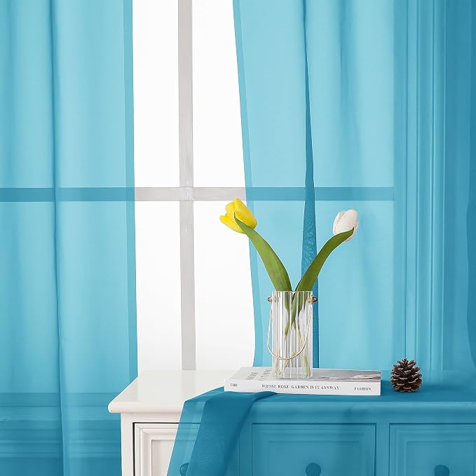 Lecloud Turquoise Sheer Curtains 63 Inch Length 2 Panels, Light Filtering Voile - Image 7