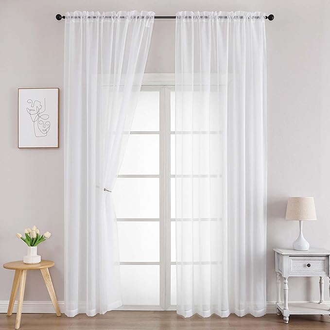 Sheer White Curtains for Bedroom Living Room 90 Inches Long 2 Panels Set by WelvetBLK