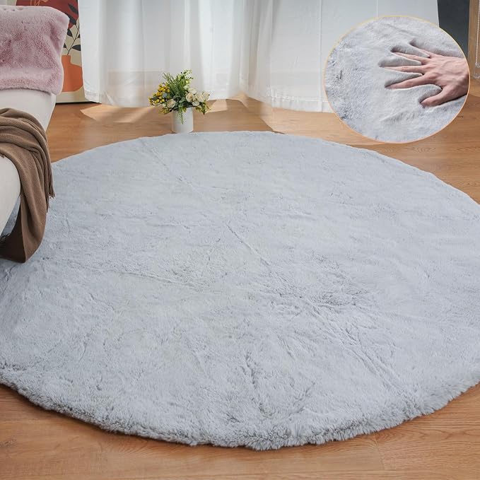 ORINOVA Grey Washable Fluffy Round Rugs 6ft Faux Bunny Fur Rugs - Image 4