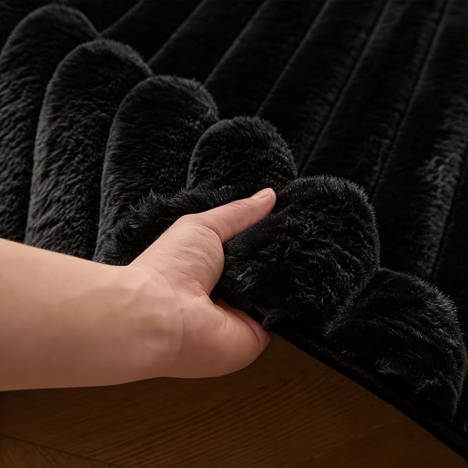 Black Rabbit Striped Plush Rug 8'x10', Fluffy Shaggy Area Rug - Image 8