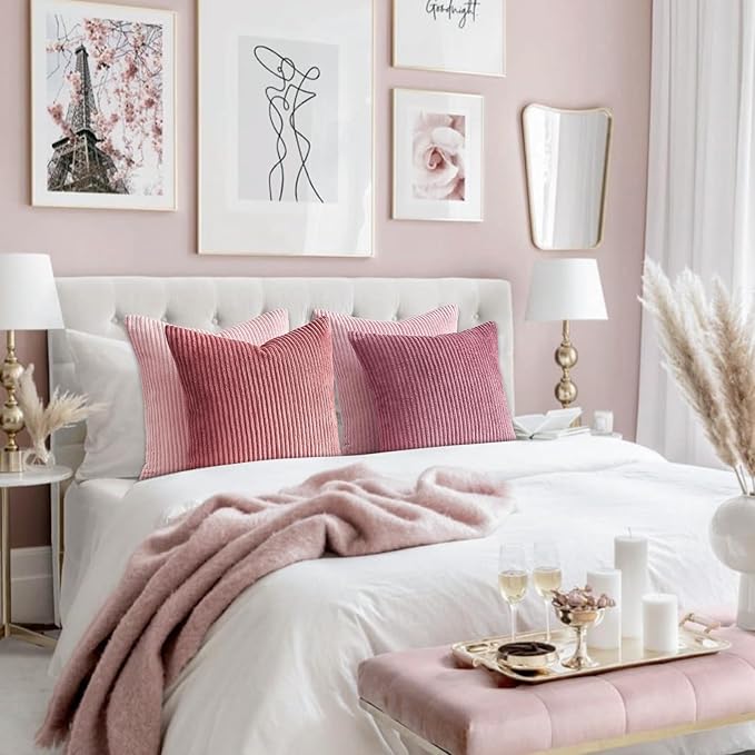 Topfinel Pink Throw Pillow Covers 16x16 Inch Set of 4, Soft Farmhouse Corduroy - Image 6
