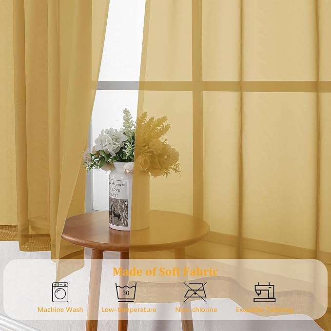 Gwine Gold Sheer Curtain Tiers 24 Inch Length, Light Filtering Voile Short - Image 8