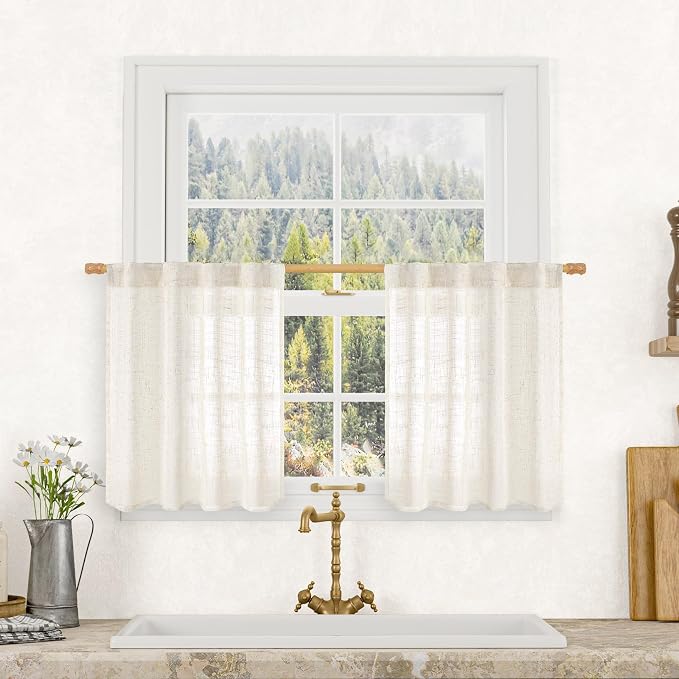 LAMIT Kitchen Semi Sheer Linen Curtains 24 Inch Long, Light Filtering Panels by LAMIT
