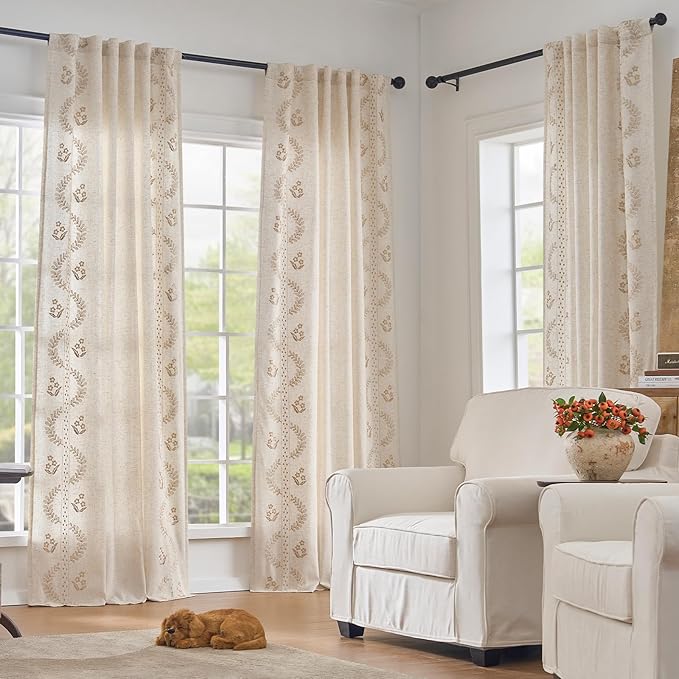 jinchan Belrose Lined Linen Blend Curtains Boho Floral Curtains - Image 2