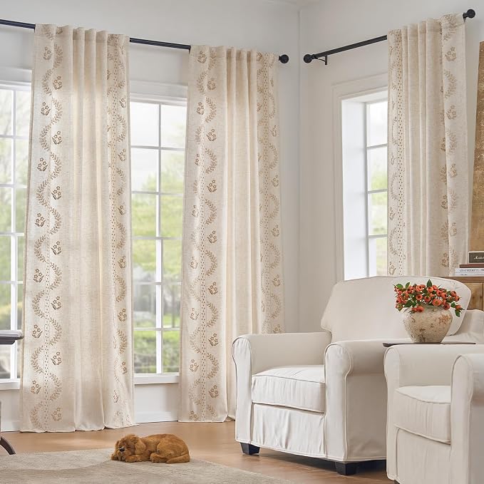 jinchan Belrose Lined Linen Blend Curtains Boho Floral Curtains - Image 2