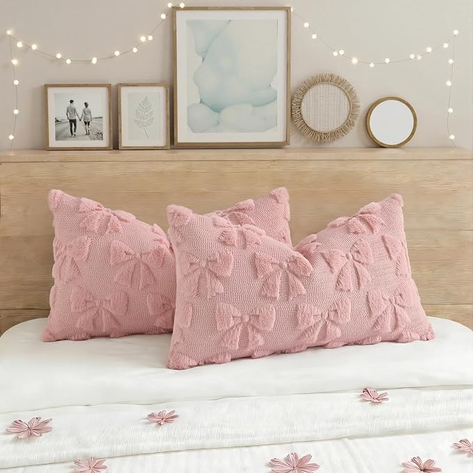 decorUhome Pink Bow Pillow Covers Set of 2 Coquette Aesthetic Cute Preppy Plush - Image 5