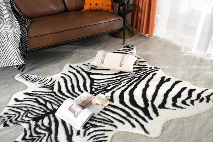 Large Zebra Print Area Rug Carpet Faux Cowhide Leather Animal Simulation Plush - Image 3