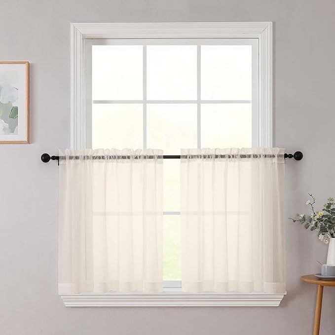 Kitchen Curtains 24 Inch Length Tier 2 Pieces, Cream Sheer Curtain Solid Soft by WelvetBLK