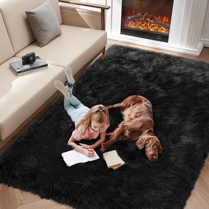 Black Faux Fur Rug for Bedroom 3'x5' Soft Shag Fuzzy Rugs for Living Room - Image 3